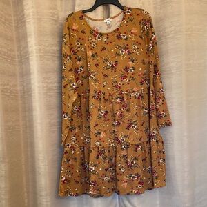 Love, Fire Long sleeved tiered Mustard Floral Dress with a babydoll fit 1X